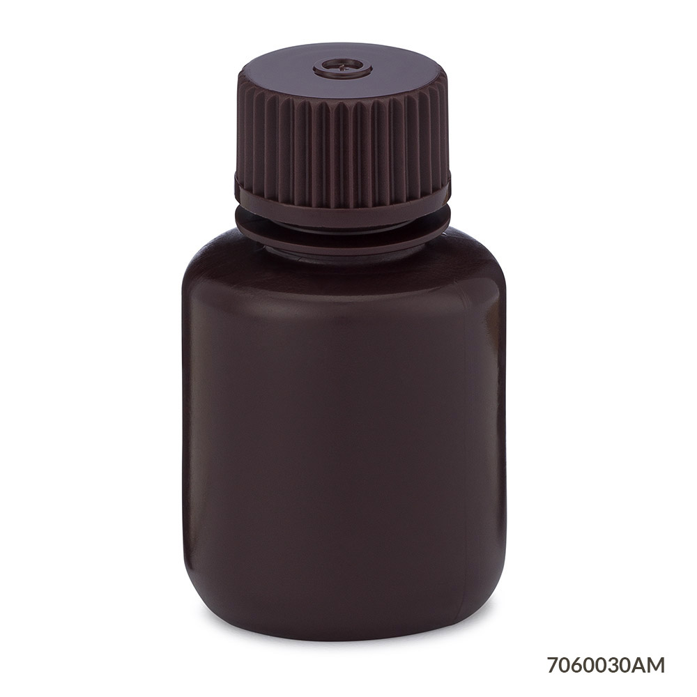 Globe Scientific Bottle, Narrow Mouth, HDPE Bottle, Attached PP Screw Cap, Amber, 30mL, 12/Pack Image